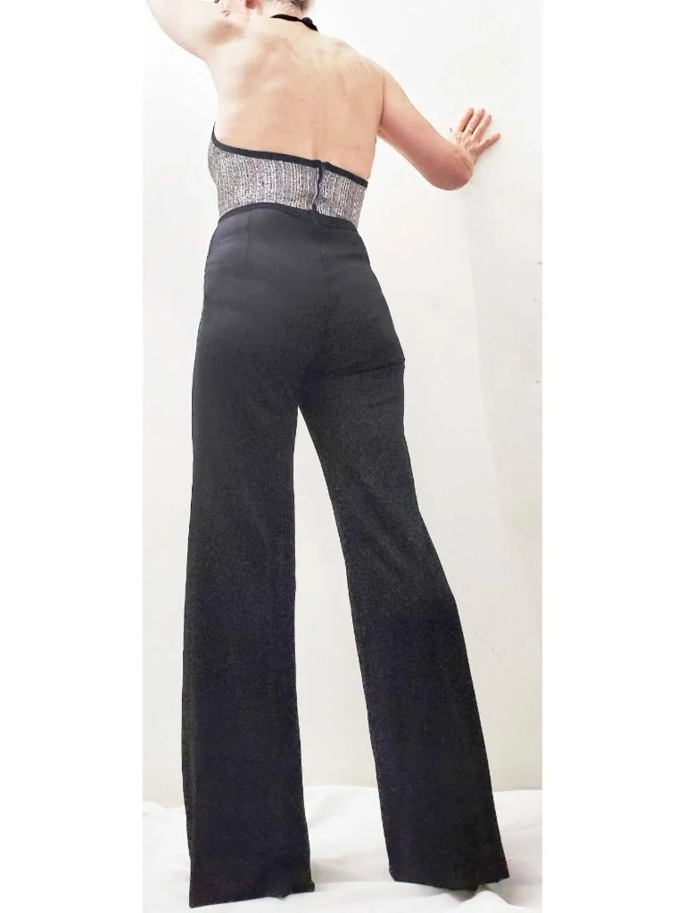 1970s Vintage Womens Disco Silver Metallic Black Bell Bottom Halter Top Jumpsuit